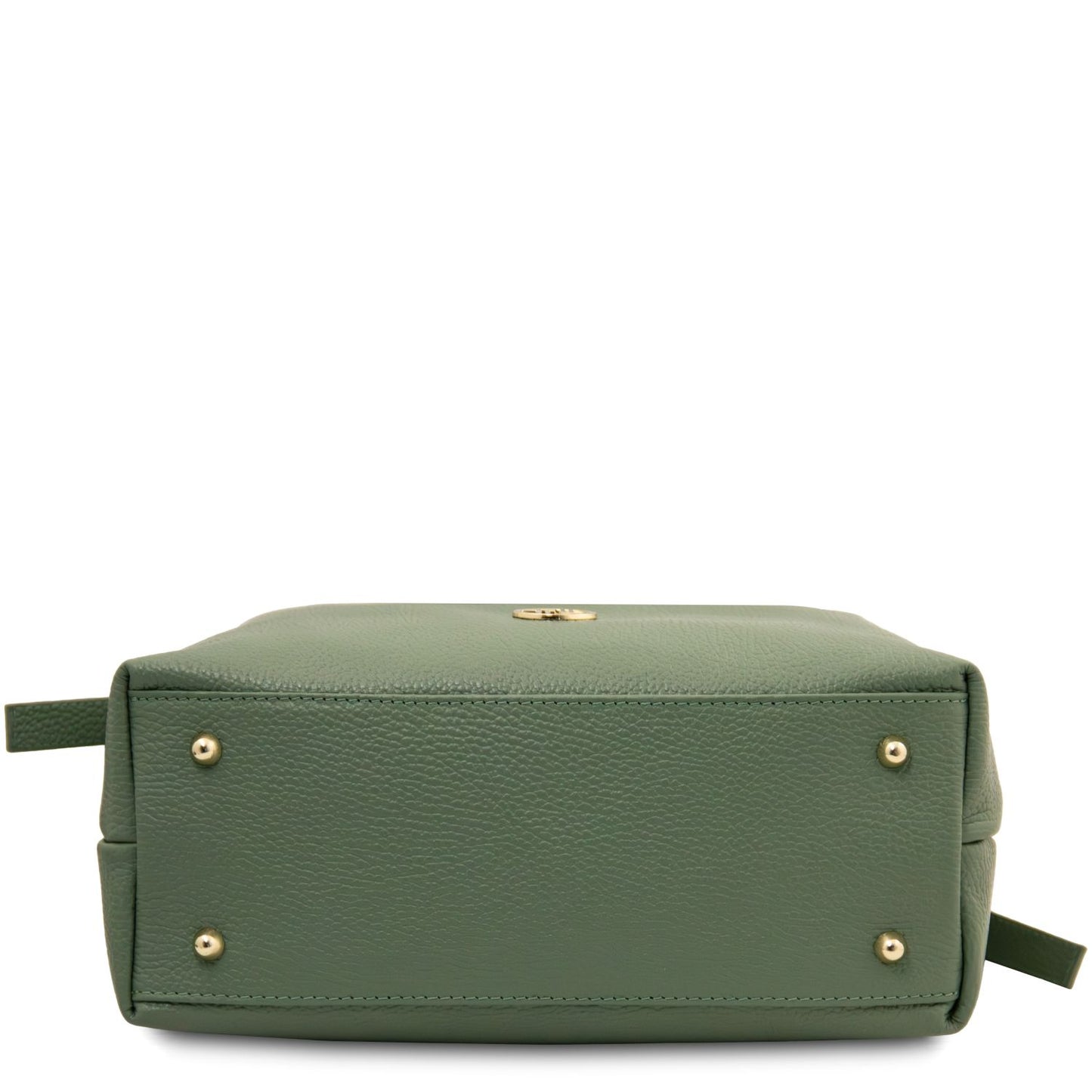 Bottom view of Diade green suede and pebbled leather shoulder bag with protective metal feet
