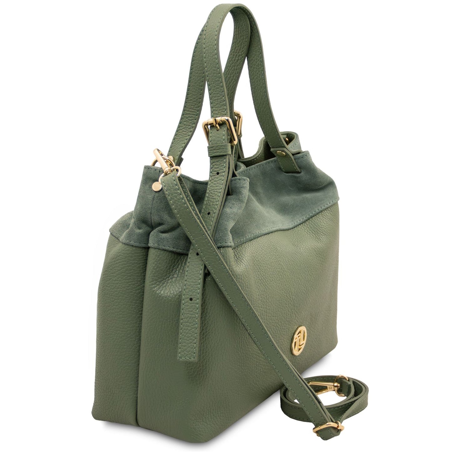 Diade earthy green suede leather shoulder handbag with adjustable shoulder strap and handles with gold hardware