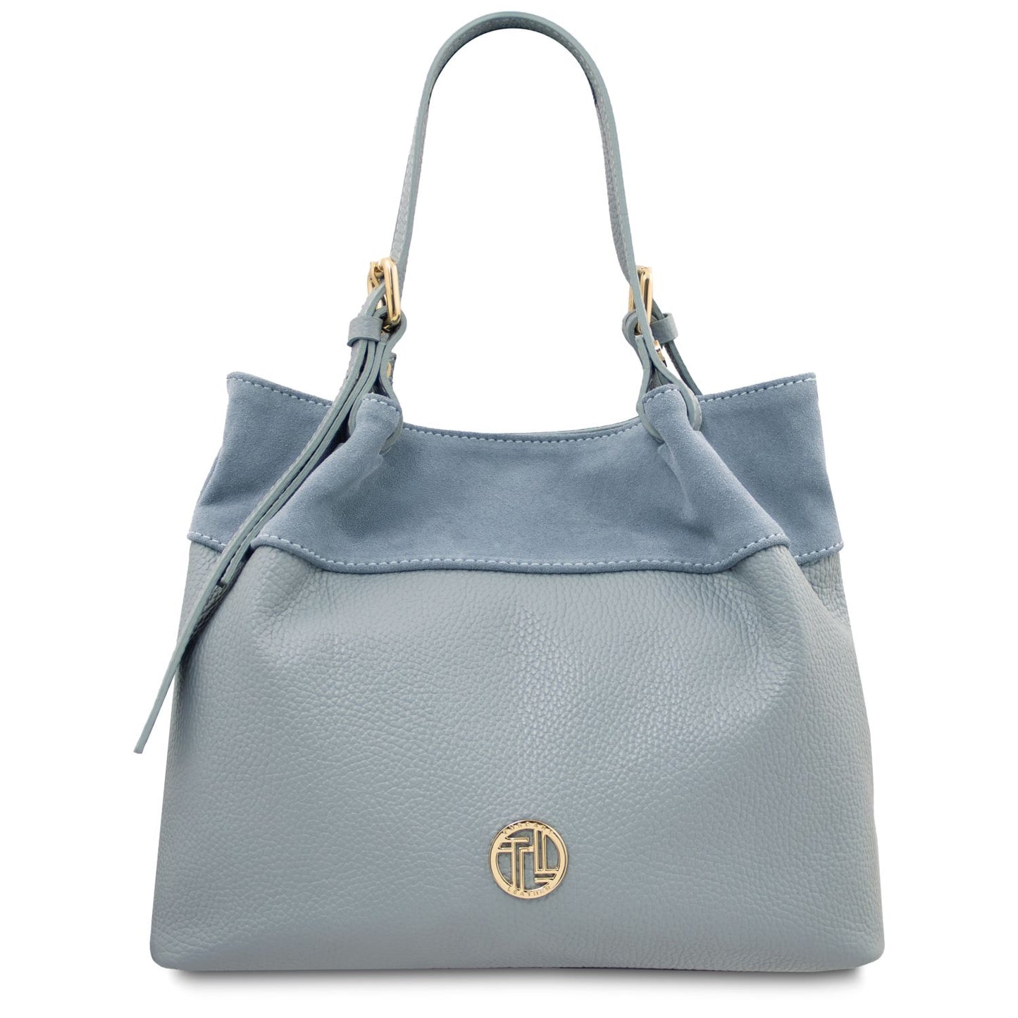 Diade suede leather shoulder bag in light blue with gold hardware