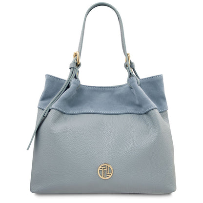 Diade suede leather shoulder bag in light blue with gold hardware