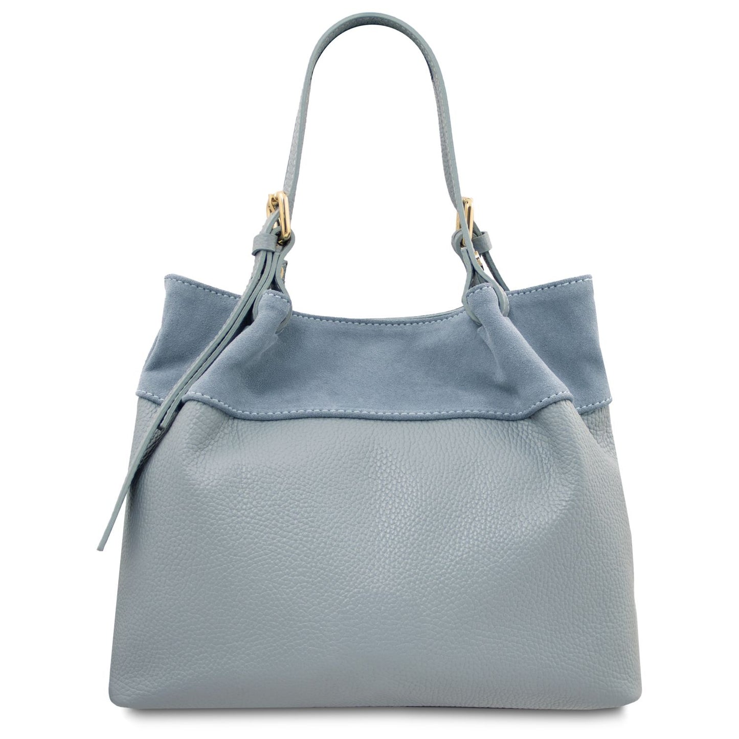 Back view of soft Diade suede leather shoulder bag in light blue