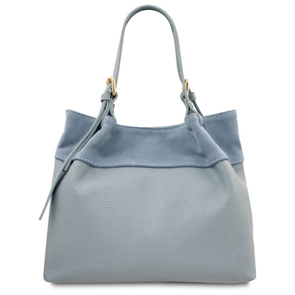 Back view of soft Diade suede leather shoulder bag in light blue
