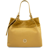 Diade suede leather shoulder bag in yellow with pebbled leather body and suede trim