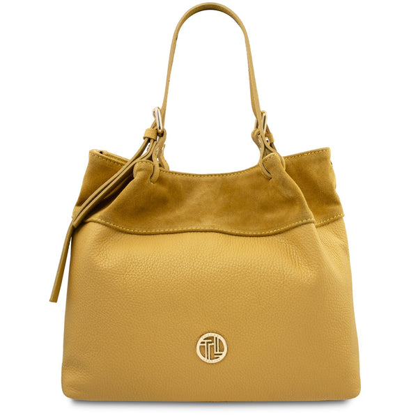 Diade suede leather shoulder bag in yellow with pebbled leather body and suede trim