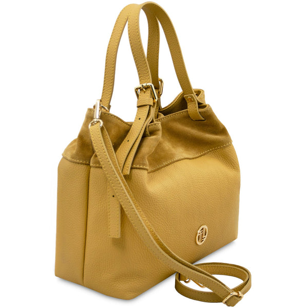Diade yellow suede leather shoulder handbag with adjustable handles and gold hardware