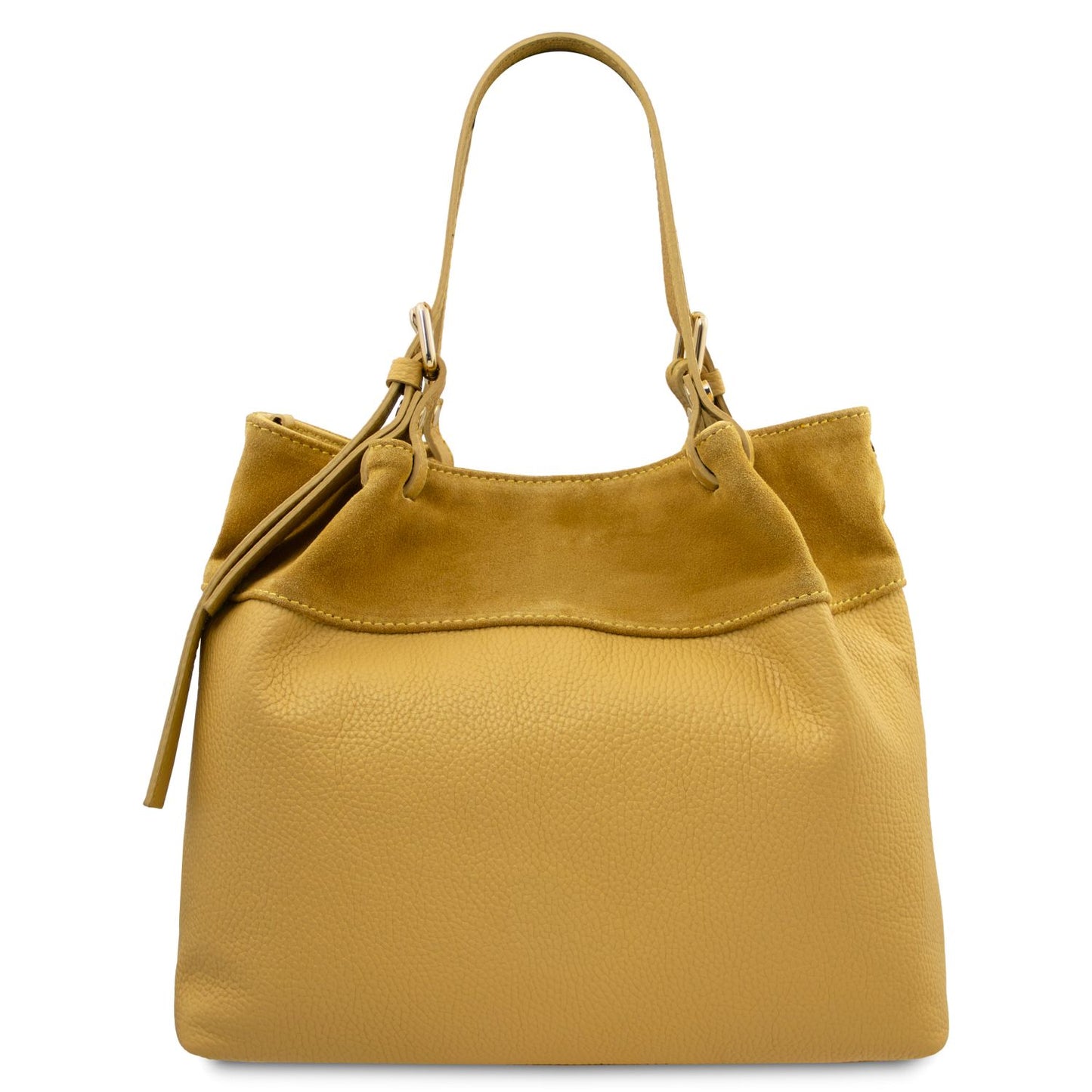 Back of Diade yellow suede leather shoulder handbag with adjustable handles