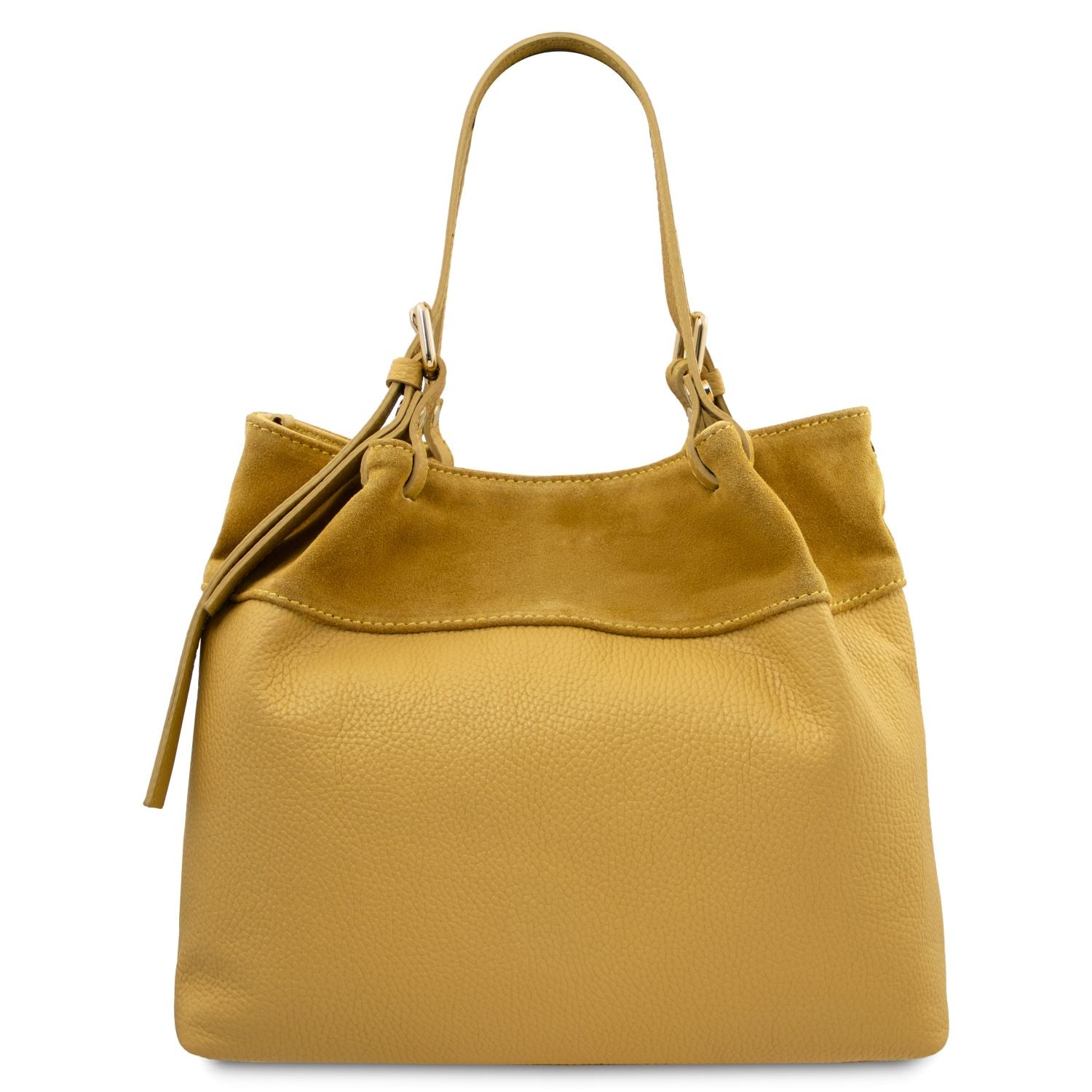 Back of Diade yellow suede leather shoulder handbag with adjustable handles
