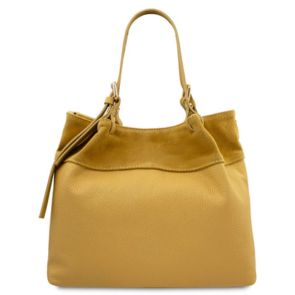 Back of Diade yellow suede leather shoulder handbag with adjustable handles