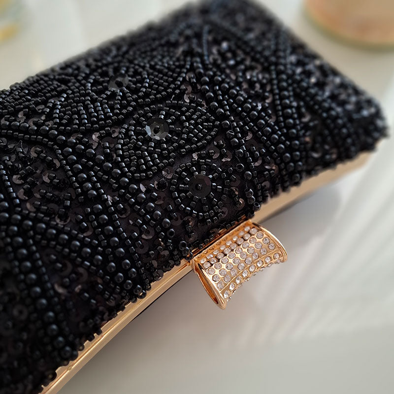 Elegant-Black-Beaded-Evening-Clutch-Bag-Beads-and-Pearl-Detailing-with-crystal-gold-hasp-closure-by-Montipi-Australia