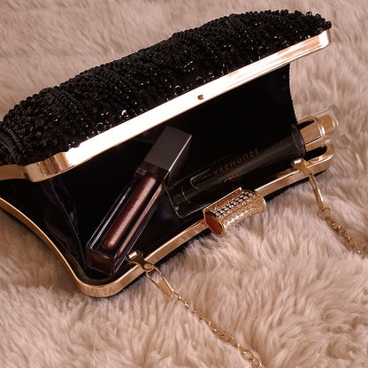 Elegant-Black-Beaded-Evening-Clutch-Bag-Opening-with-large-compartment-with-luxury-lipstick-and-perfume-inside-by-Montipi-Australia