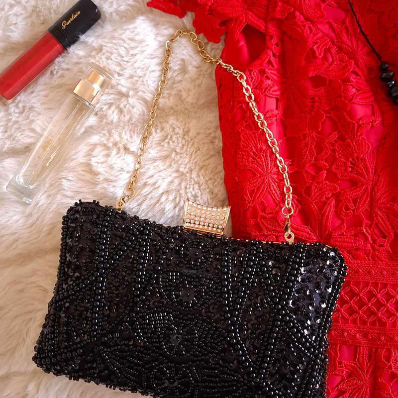 Elegant-Black-Beaded-Evening-Clutch-Bag-paired-with-elegant-red-evening-dress-red-lipstick-and-black-necklace-style-inspo-by-Montipi-Australia