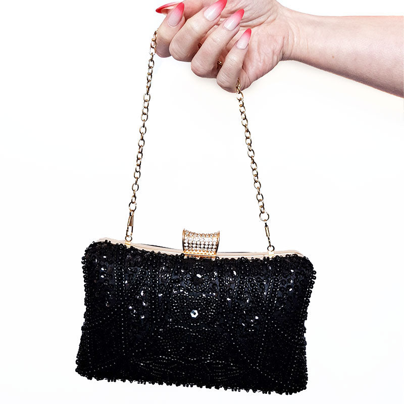 Elegant-Black-Beaded-Evening-Clutch-Bag-with-chain-strap-by-Montipi-Australia