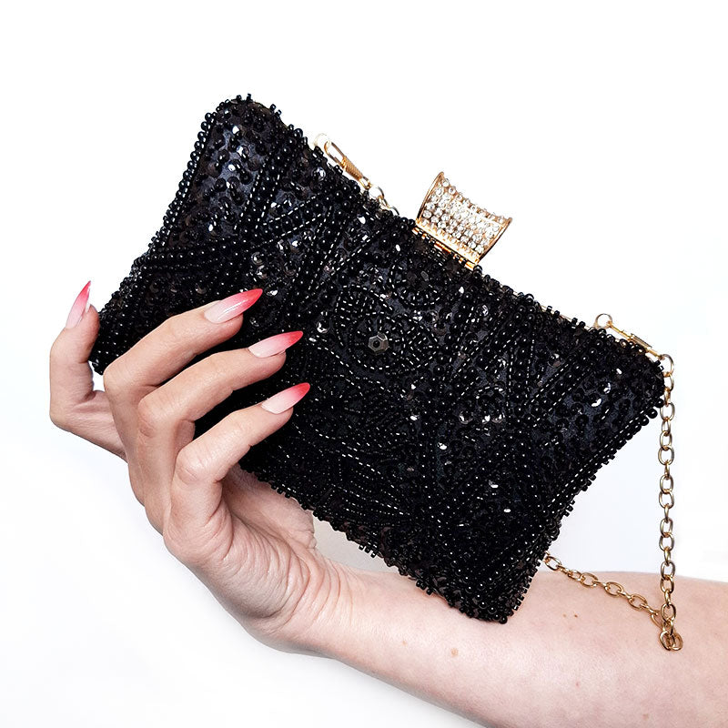 Elegant-Black-Beaded-Evening-Clutch-Bag-with-removable-chain-strap-by-Montipi-Australia