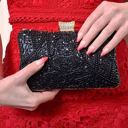 Elegant-Black-Beaded-Evening-Clutch-Bag_with red evening dress and stylish Pink-Red-Ombre-Nails-by-Montipi-Australia