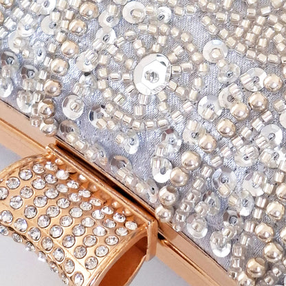 Elegant Silver Beaded Pearl Clutch Bag Montipi