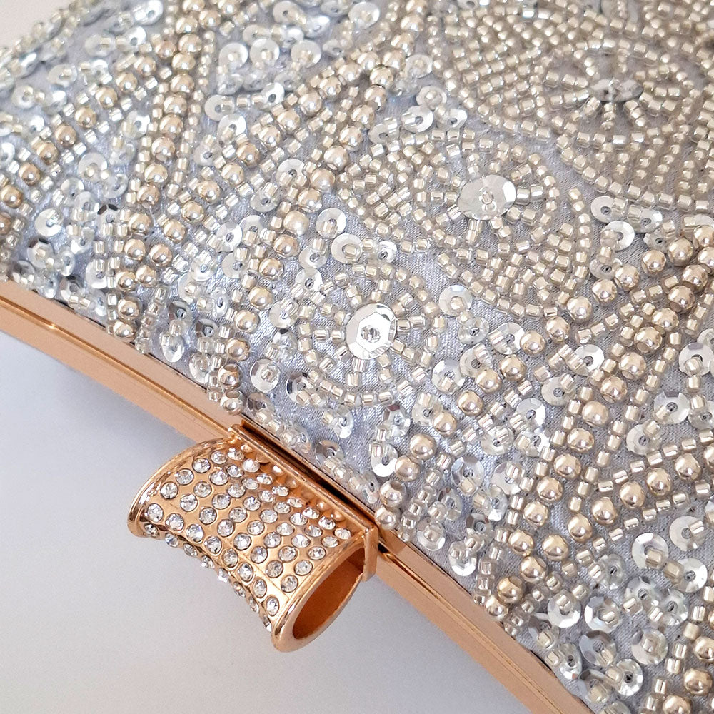 Luxe Silver Wedding Clutch Bag detailed gold tone hasp with crystal and intricate silver beaded design with silver sequin by Montipi Australia