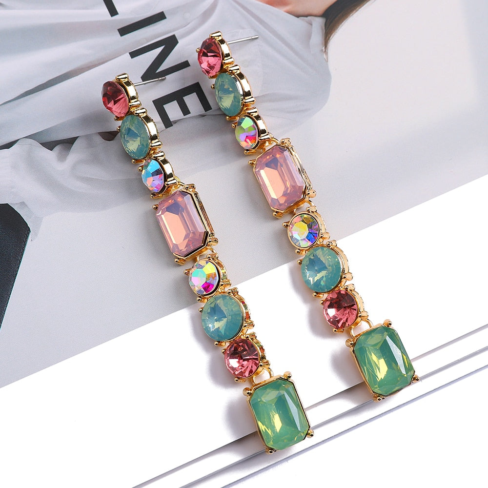 Elegant Eclectic Chic Rhinestone Long Drop Earrings pink and green by Montipi