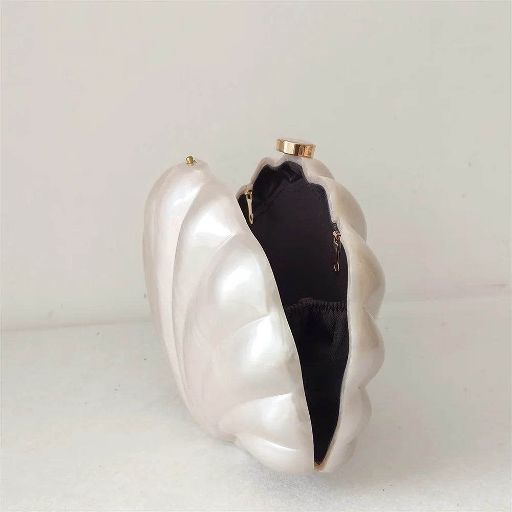 Elegant Mermaid Pearl Shell Clutch Bag with removable handle and gold chain shoulder strap by Montipi Australia