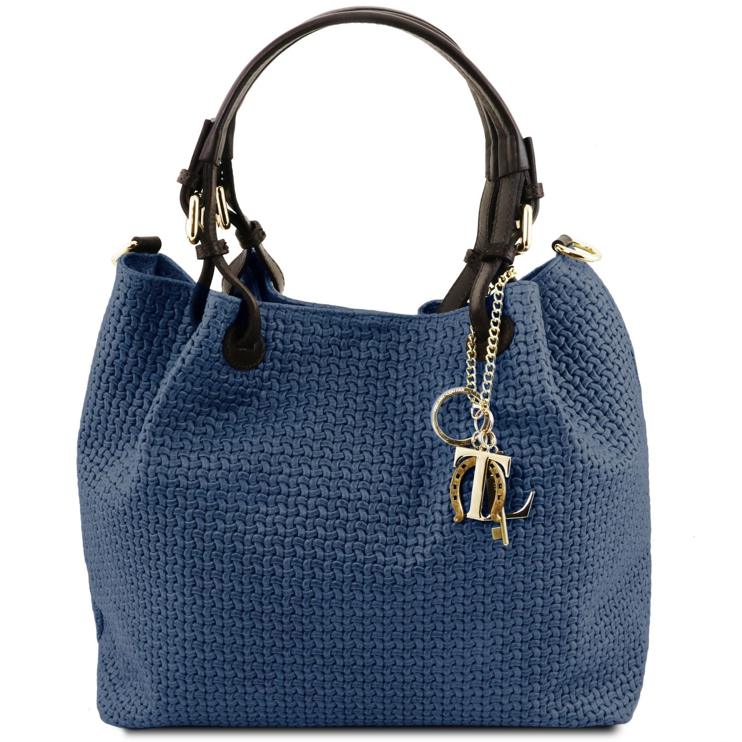 Elegant and Luxurious woven leather design of the TL Keyluck Tote Bag in dark blue leather by Montipi Australia everyday Casual Chic work leather tote bag with gold keyring