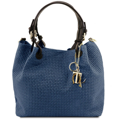 Elegant and Luxurious woven leather design of the TL Keyluck Tote Bag in dark blue leather by Montipi Australia everyday Casual Chic work leather tote bag with gold keyring