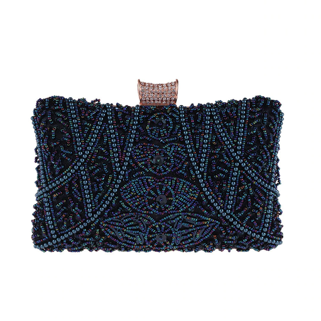 Elegant detailed and Sophisticated London Blue Pearl Evening Clutch Bag perfect to dress up for weddings or evening celebrations by Montipi Australia