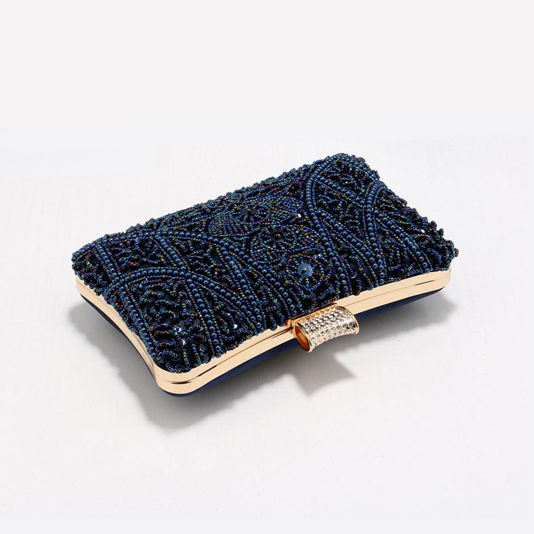 Elegant detailed and Sophisticated London Blue Pearl Evening Clutch Bag with gold tone hasp closure adorened with crystals perfect to dress up for weddings or evening celebrations by Montipi Australia