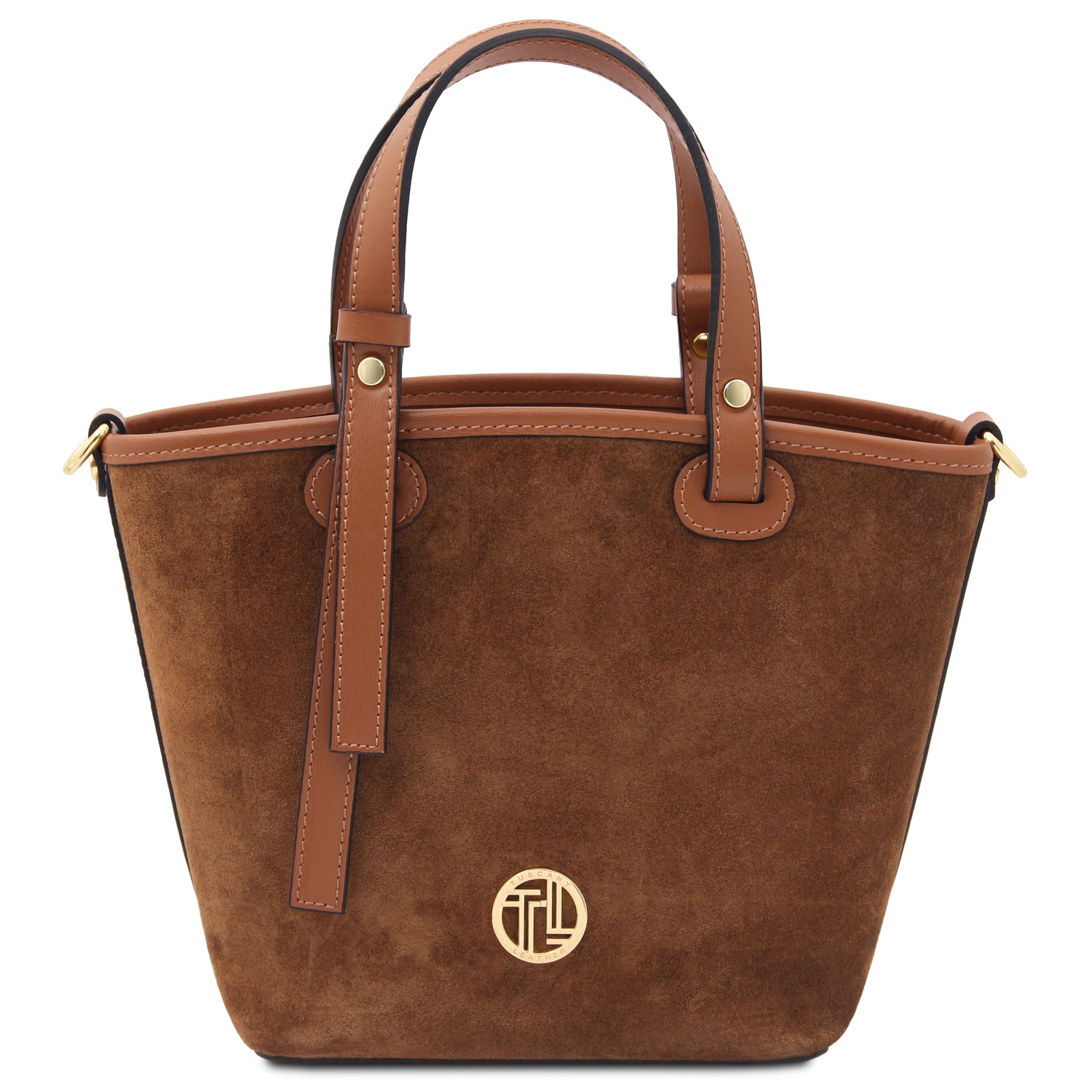 Brown suede bucket bag with gold accents and top handle – Glacette Suede Bucket Bag by Montipi.
