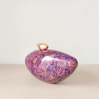Purple pink mix colour seashell clutch bag with a dreamy pearl acrylic finish, gold hasp closure, and chain strap – perfect for weddings, soirées, and beachside style by Montipi Australia