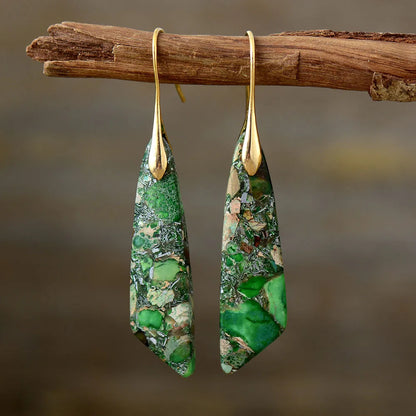 elegant stone earrings in green Jasper with gold hooks by Montipi