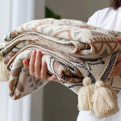 Knitted Beige Boho Throw Blanket Montipi