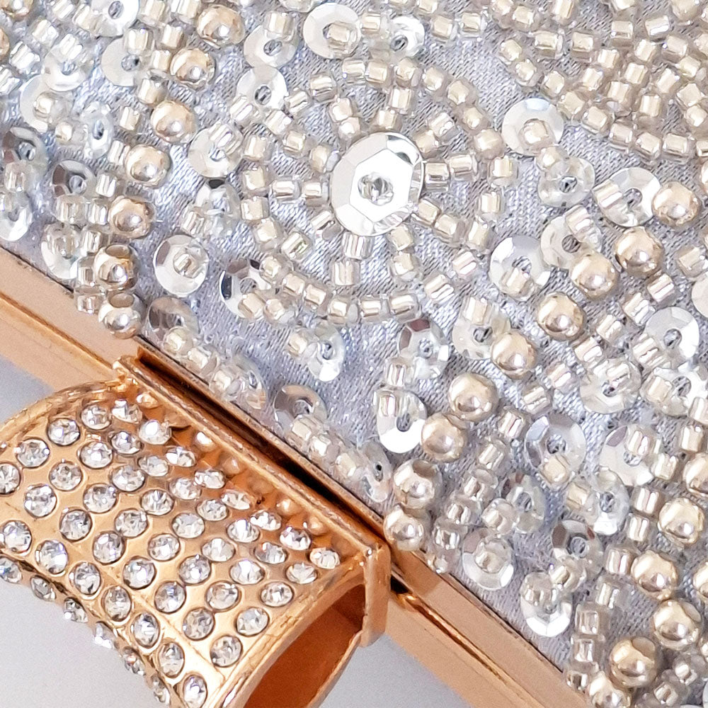 Luxe Silver Wedding Clutch Bag detailed gold tone hasp with crystal and intricate silver beaded design with silver sequin by Montipi Australia