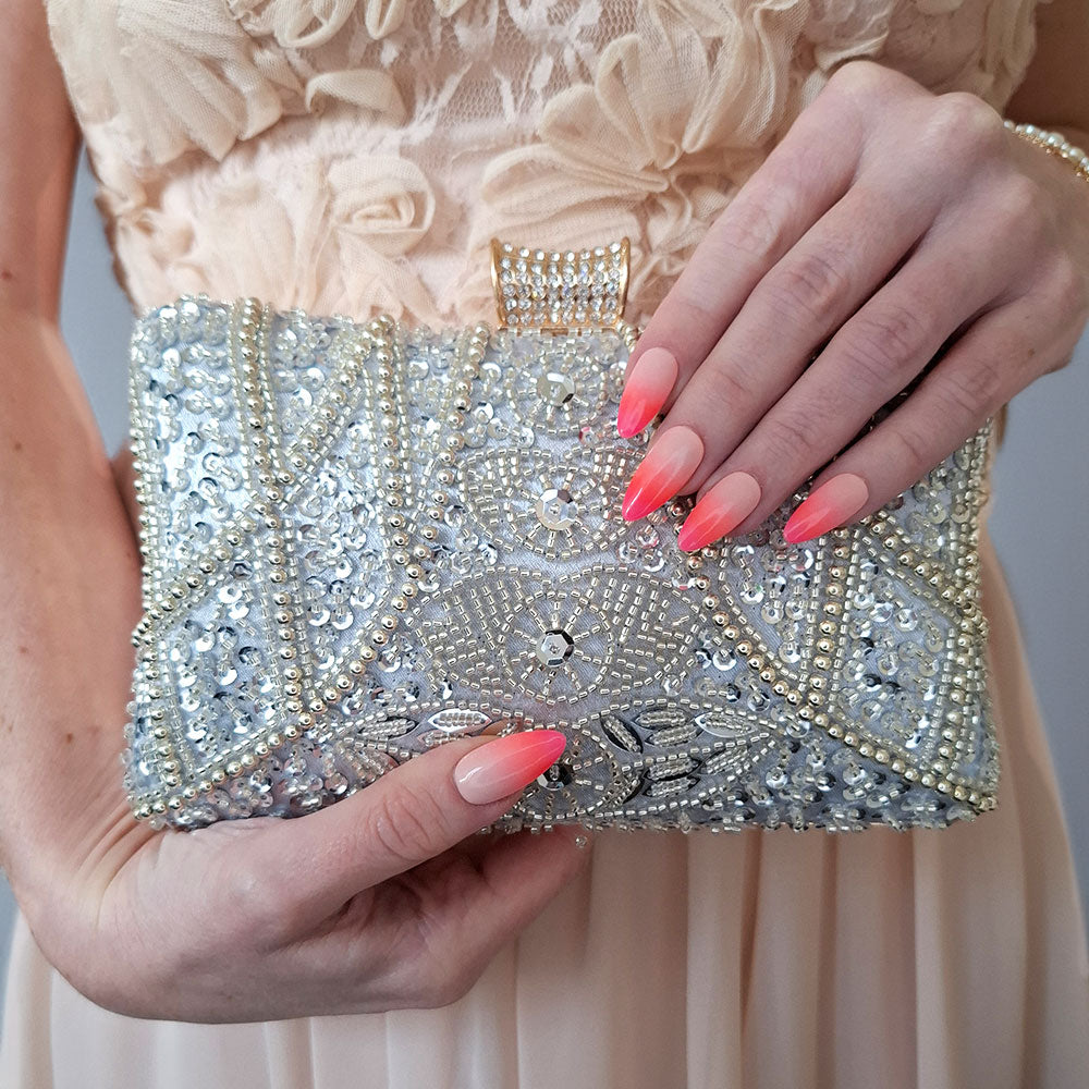 Luxe Silver Wedding Clutch Bag with pink Ombre nails and channel nude pink dress  the perfect match by Montipi Australia