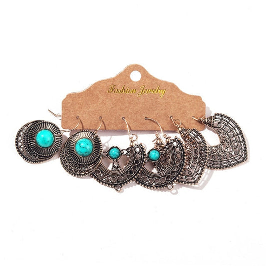 Mandala Turquoise Ornament Antique Loops Earrings Set Montipi