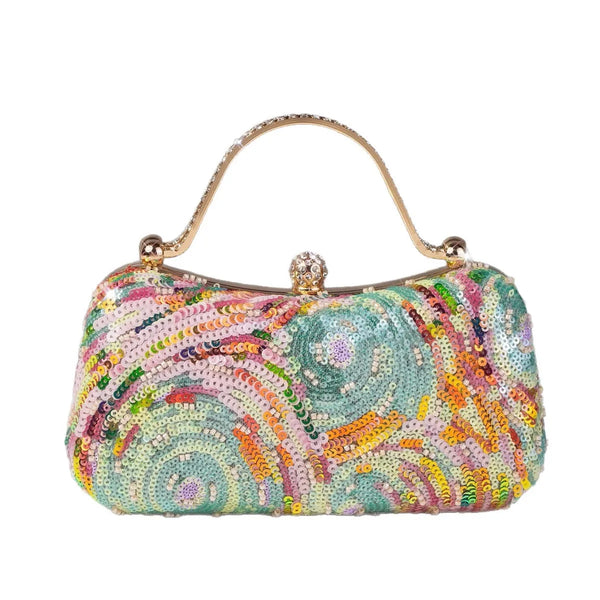 Colourful floral sequin clutch bag with pastel beaded embroidery and silver crystal clasp by Montipi