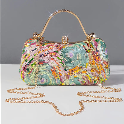 Pastel sequin clutch bag with colourful swirling beadwork in pink, mint and yellow tones with elegant gold handle and chain strap. A whimsical evening bag with vintage glamour and expressive boho style by Montipi