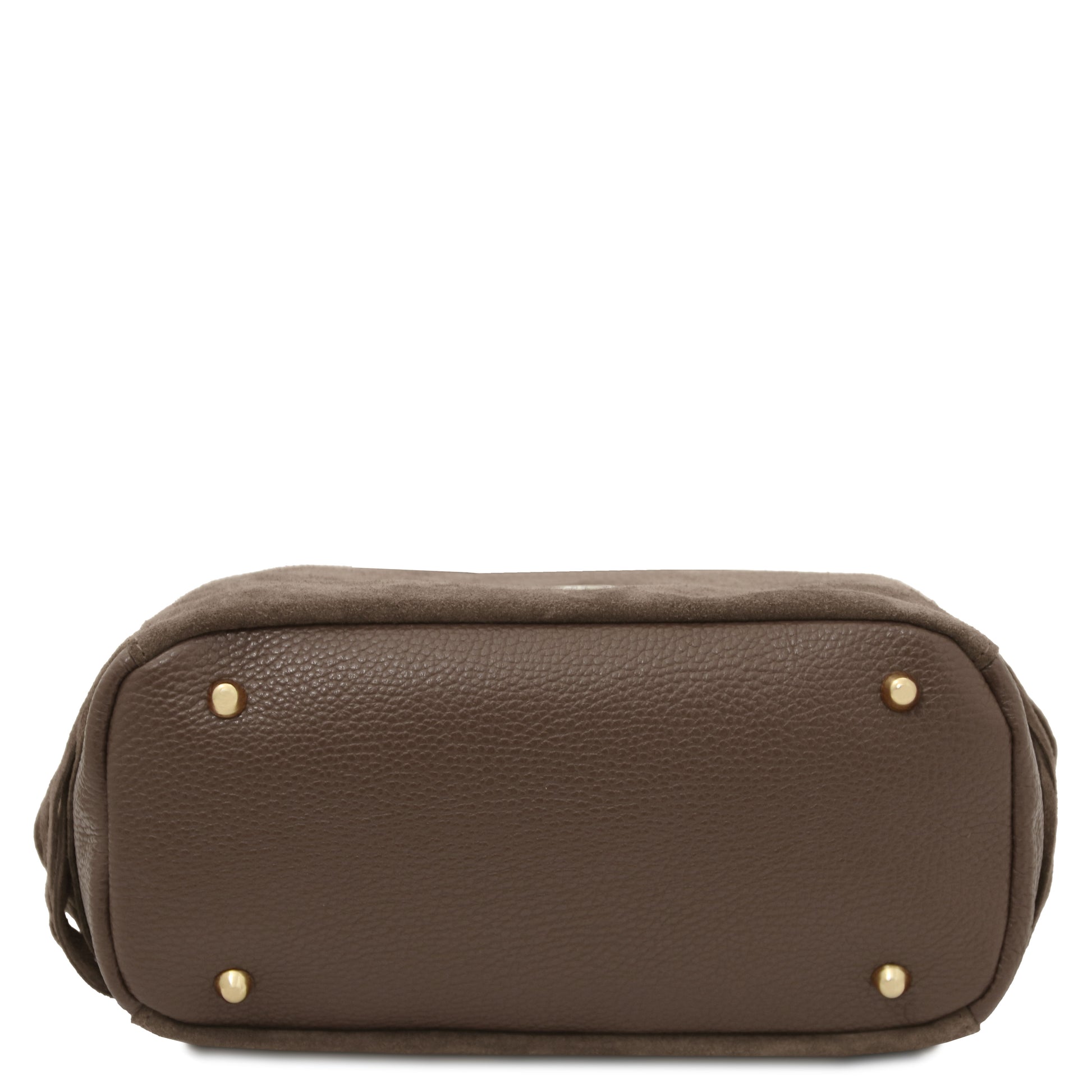 Bottom view of the Nomad Dark Taupe Suede Leather Fringe Shoulder Bag showing reinforced base and gold-tone protective metal feet by Montipi.