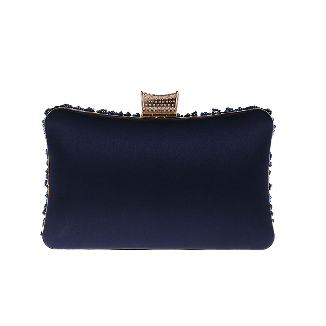 Sophisticated London Blue Pearl Evening Clutch Bag with elegant soft satin back in blue navy to protect your dress for weddings or evening celebrations by Montipi Australia