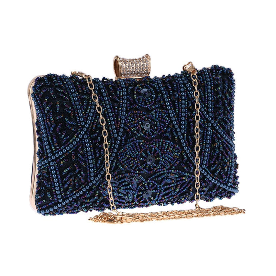 Sophisticated London Blue Pearl Evening Clutch Bag with long chain shoulder strap perfect for weddings or evening celebrations by Montipi Australia