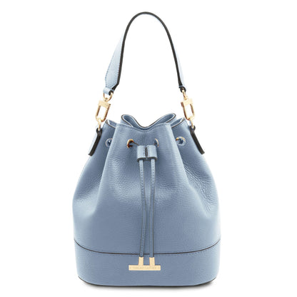 TL Leather Bucket Bag in light blue by Montipi Australia, crafted from premium Italian pebbled leather with a structured silhouette, romantic drawstring closure, and gold-tone hardware. A chic and versatile handbag with a detachable top handle and adjustable shoulder strap, perfect for everyday wear, seaside escapes, and evening elegance.