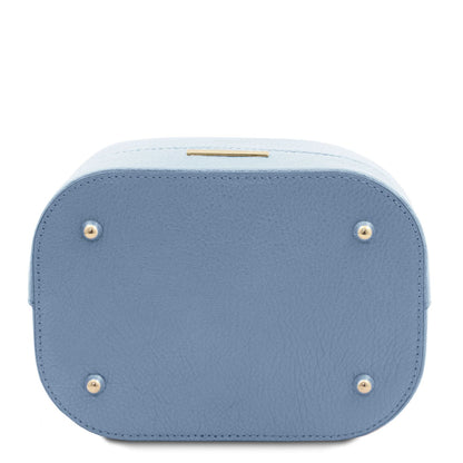 Bottom view of the TL Leather Bucket Bag in light blue by Montipi Australia, highlighting the premium Italian pebbled leather, protective metal feet, and structured silhouette. Designed for durability and elegance, this chic bucket bag offers both style and functionality for everyday sophistication