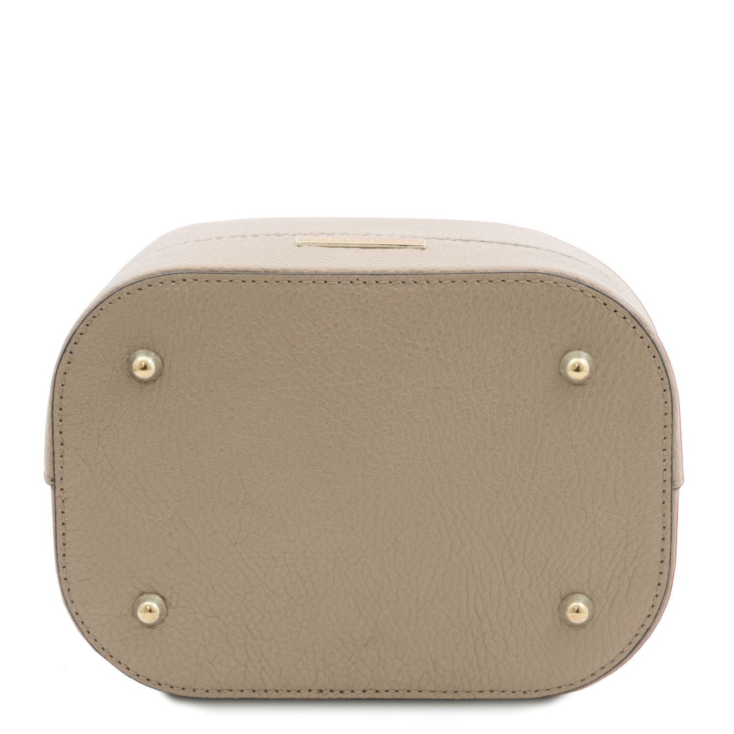Bottom view of the TL Leather Bucket Bag in beige light taupe by Montipi Australia, highlighting the premium Italian pebbled leather, protective metal feet, and structured silhouette. Designed for durability and elegance, this chic bucket bag offers both style and functionality for everyday sophistication