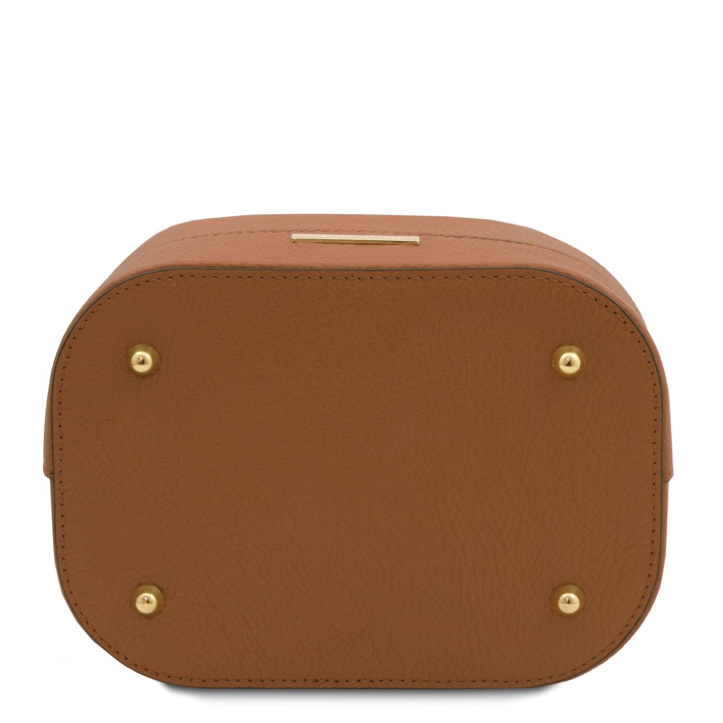 Bottom view of the TL Leather Bucket Bag in cognac brown by Montipi Australia, highlighting the premium Italian pebbled leather, protective metal feet, and structured silhouette. Designed for durability and elegance, this chic bucket bag offers both style and functionality for everyday sophistication