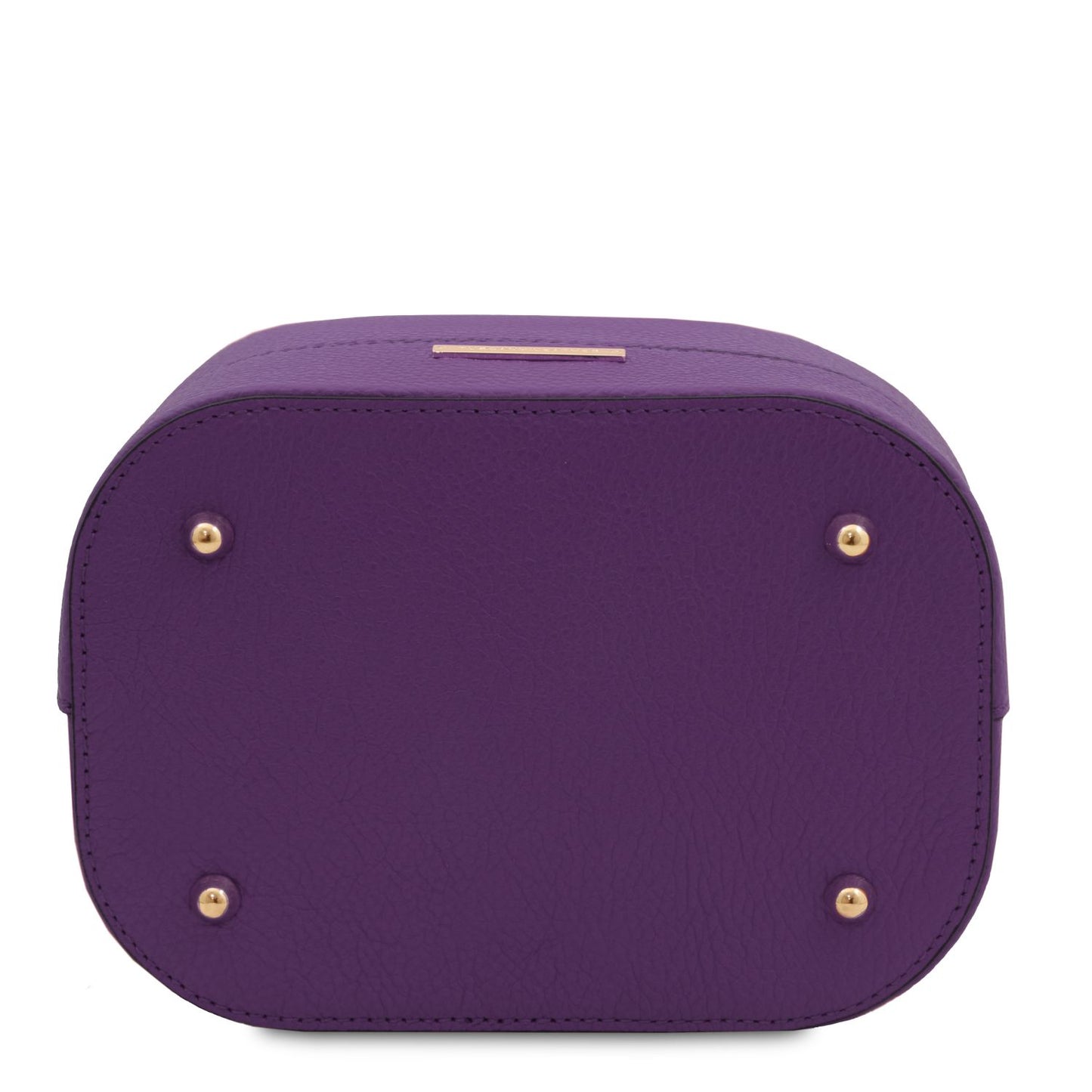 Bottom view of the TL Leather Bucket Bag in purple by Montipi Australia, highlighting the premium Italian pebbled leather, protective metal feet, and structured silhouette. Designed for durability and elegance, this chic bucket bag offers both style and functionality for everyday sophistication