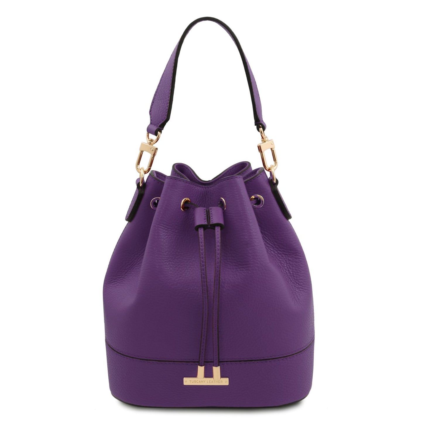 TL Leather Bucket Bag in purple by Montipi Australia, crafted from premium Italian pebbled leather with a structured silhouette, romantic drawstring closure, and gold-tone hardware. A chic and versatile handbag with a detachable top handle and adjustable shoulder strap, perfect for everyday wear, seaside escapes, and evening elegance.