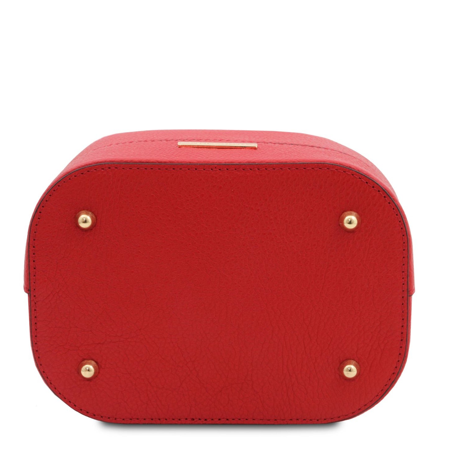 Bottom view of the TL Leather Bucket Bag in red by Montipi Australia, highlighting the premium Italian pebbled leather, protective metal feet, and structured silhouette. Designed for durability and elegance, this chic bucket bag offers both style and functionality for everyday sophistication