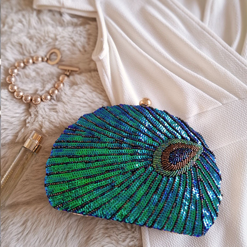 Teal Sequin Peacock Clutch Bag