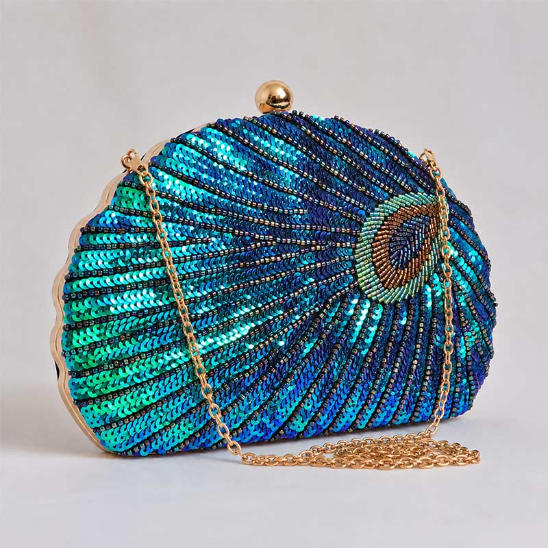 Teal Sequin Peacock Clutch Bag