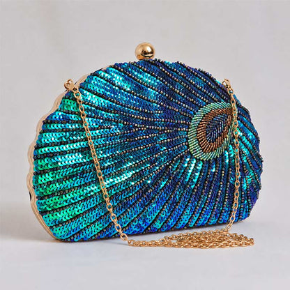 Teal Sequin Peacock Clutch Bag