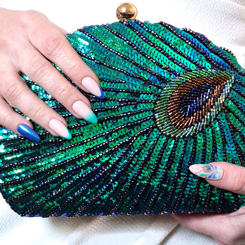 Teal Sequin Peacock Clutch Bag