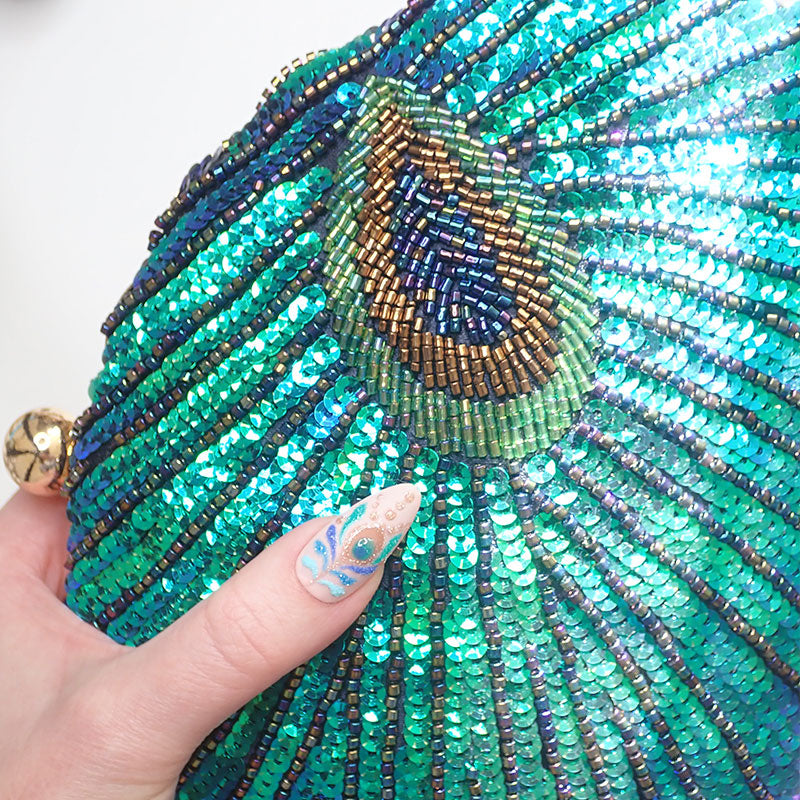 Teal Sequin Peacock Clutch Bag